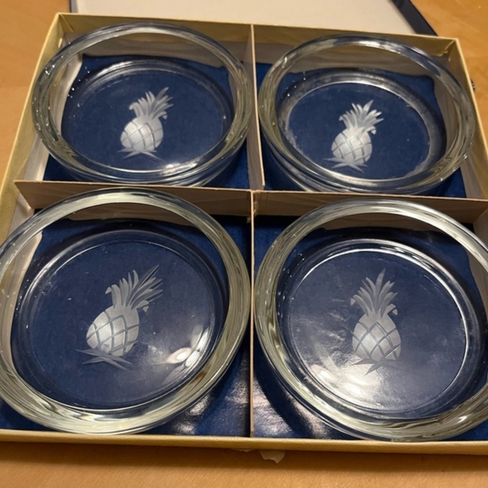 Vintage Etched Pineapple Glass Coasters Set of 4